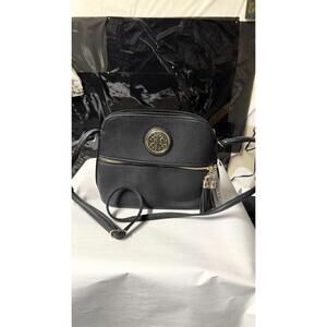 New Black Vegan Leather Crossbody Bag Dome Purse Gold Tone Tassel Striped Lining